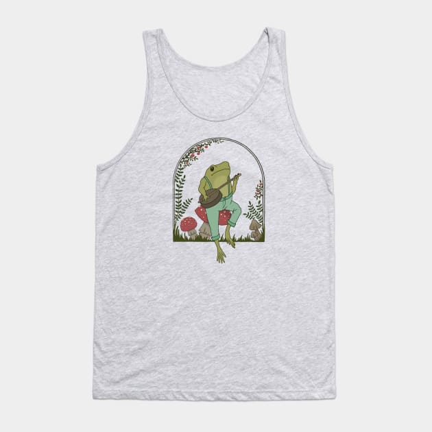 Cottagecore Aesthetic, Cute Frog Playing Banjo on Mushroom, Goblincore Mushroom Lover Tank Top by Ministry Of Frogs